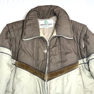 Vtg Pacific Trail Puffer Jacket Brown Beige 80s Ski Removable Sleeves L